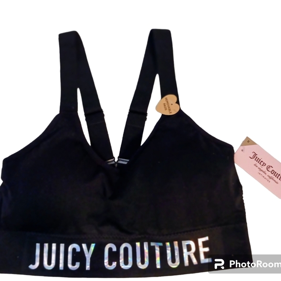 JUICY COUTURE Sports Bra IRRIDESCENT Silver Glow Letters V-Back Straps BLACK M - Picture 10 of 17